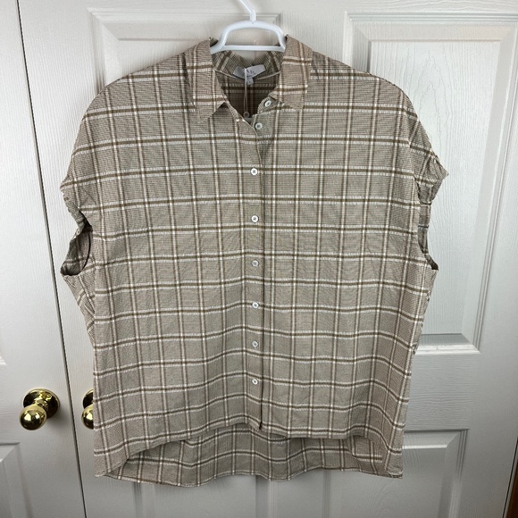 Pearl by Lela Rose Plaid Seersucker Capelet Top Tan Short Sleeve Size Large - Picture 1 of 4